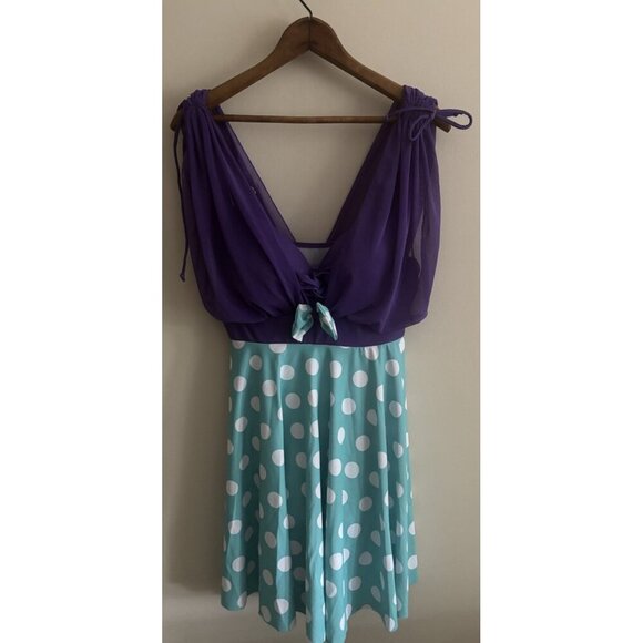 Size 8 One Piece Skirted Swimsuit Purple Teal Polka Dot Bathing Suit Bow Retro - Picture 1 of 12